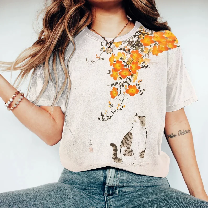 Vintage Floral & Cat Japanese Art Round Neck Casual T-Shirt