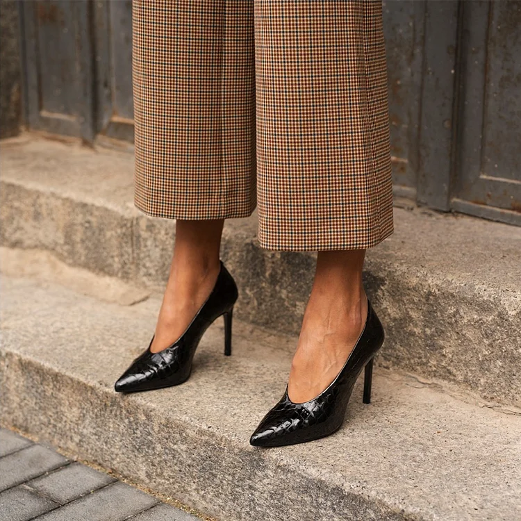 Black Stone Pattern Stiletto Heels Pointy Toe Pumps |FSJ Shoes