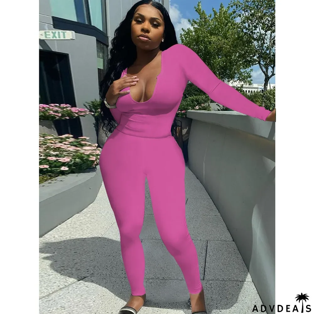 Solid Long Sleeve Stretchy Slim Two Piece Pants Set