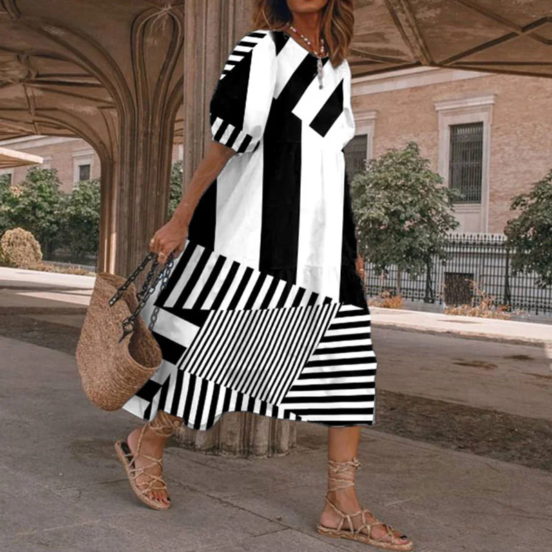 Casual Striped Panel Print Resort Midi Dress
