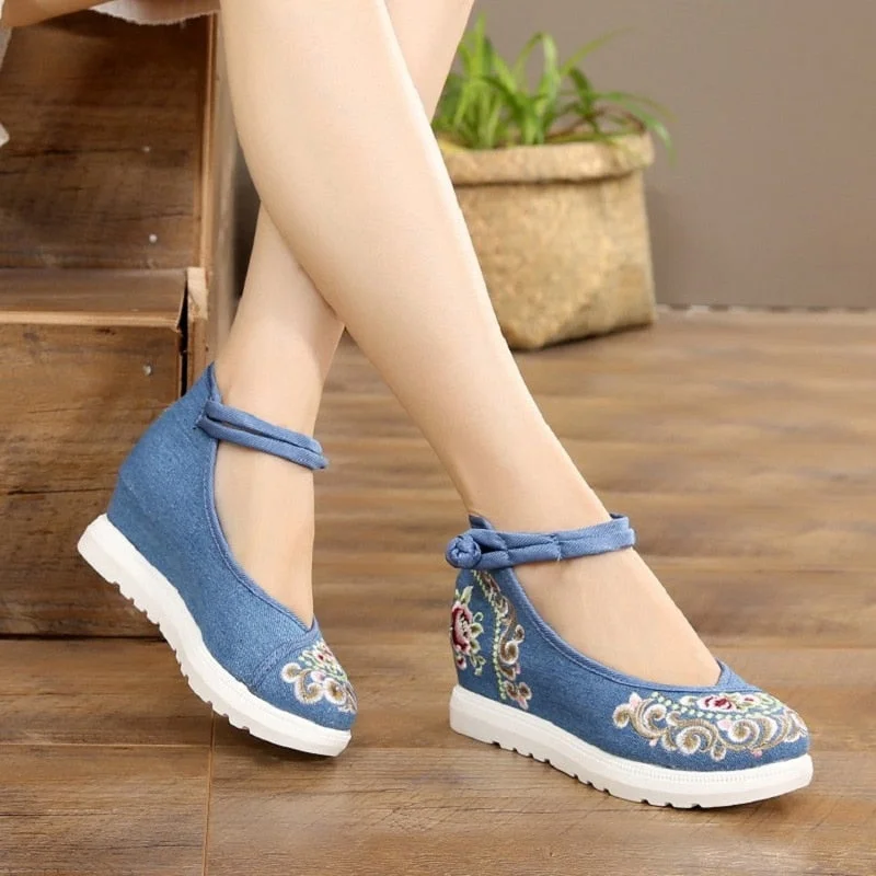 Comemore Women Red Summer Footwear Ankle Strap Spring Autumn Pumps China Beijing Embroiders Wedges Heels 2022 Buckle Cloth Shoes