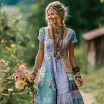 Women's Floral Color Block Round Neck Short Sleeve Long Dress - Image 3