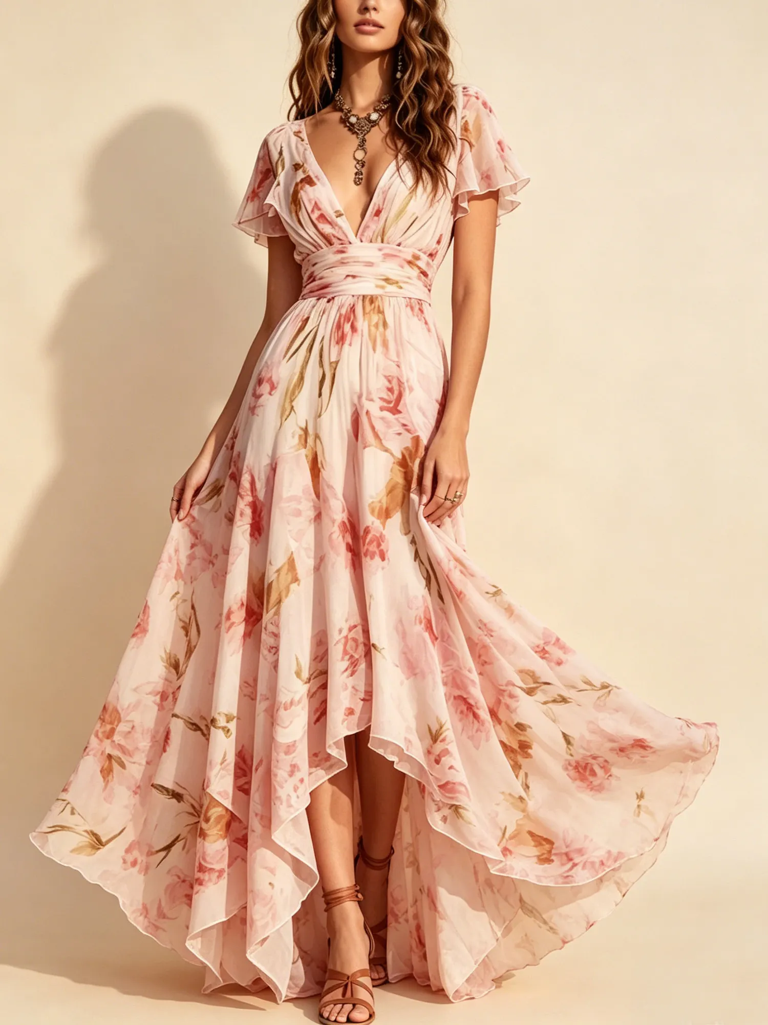 Resort dress &ndash; light pink floral print, deep V-neck, ruffled sleeves, Maxi Dresses