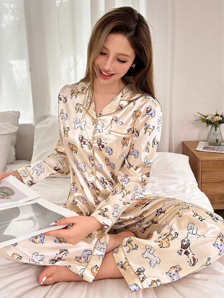  Cute Dog Printing Imitation Silk Lapel Pajama Set