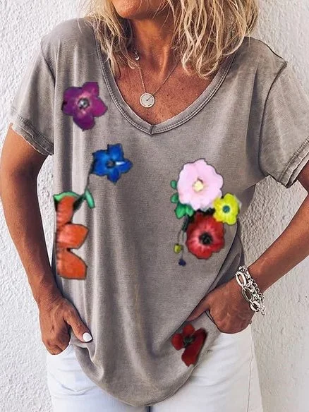 Floral Short Sleeve V Neck Cotton-Blend Shirts & Tops
