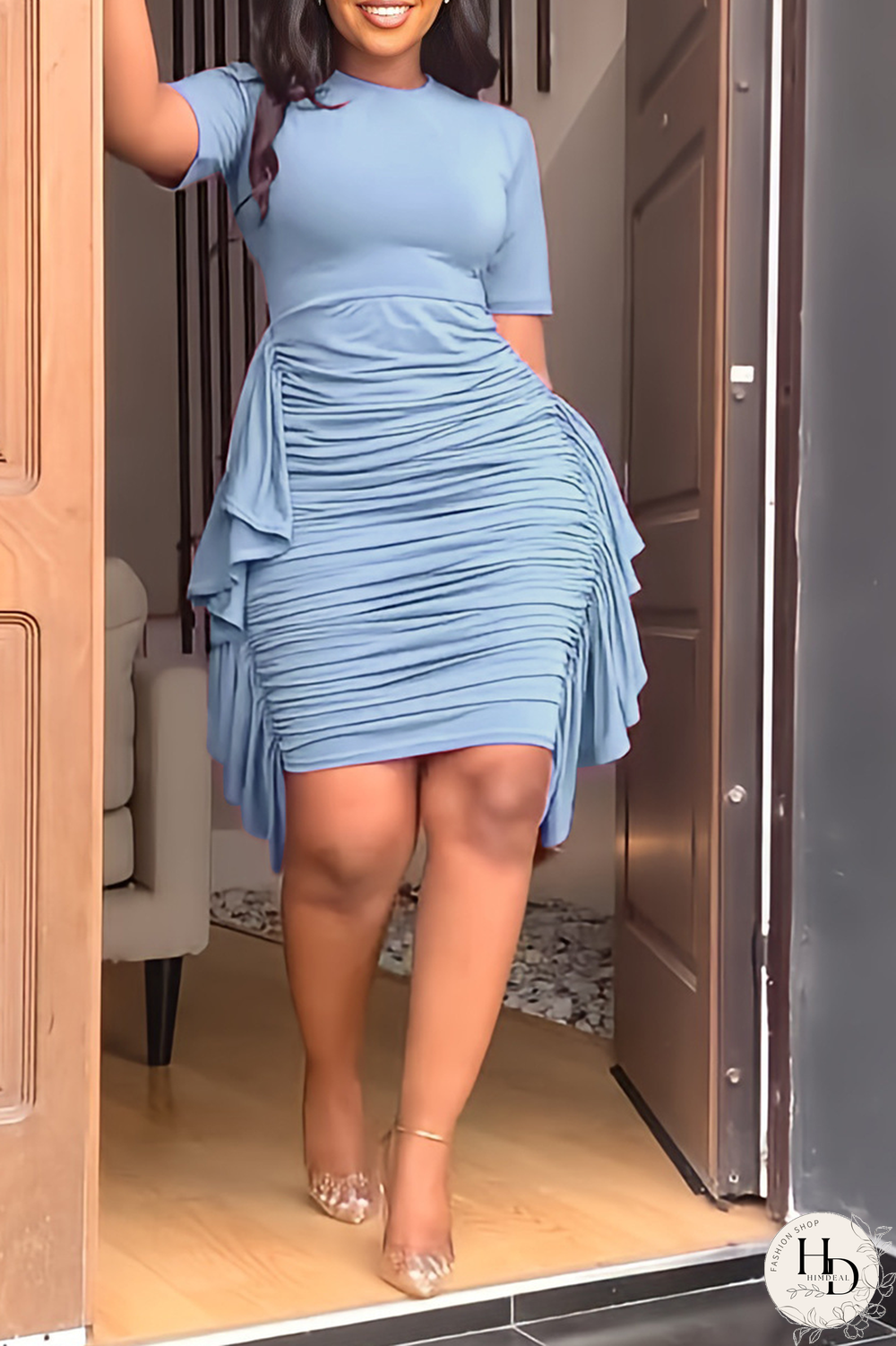 Sky Blue Fashion Solid Flounce Fold O Neck Pencil Skirt Dresses