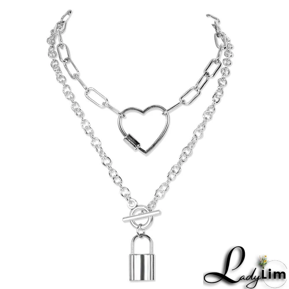 Silver chain love lock necklace