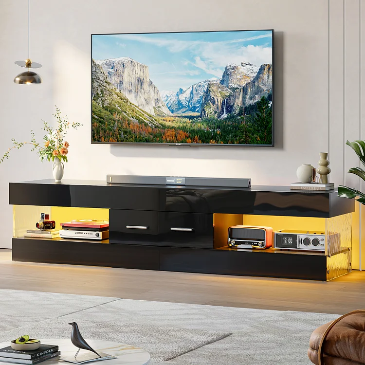 Bestier TV Stand for TVs up to 75", Modern Entertainment Center for TVs with LED Light, High Gloss TV Console Table with Storage Drawers