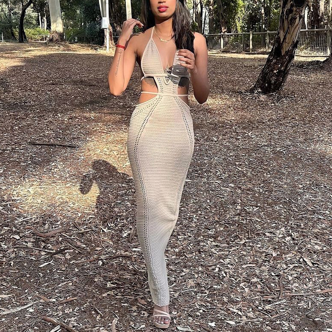 Ootddress Female Knit Lace-Up Maxi dress Backless Slim Fashion Beach Outfits Y2k Dress Hollow Out Bandage Knitwear Party Women Dress