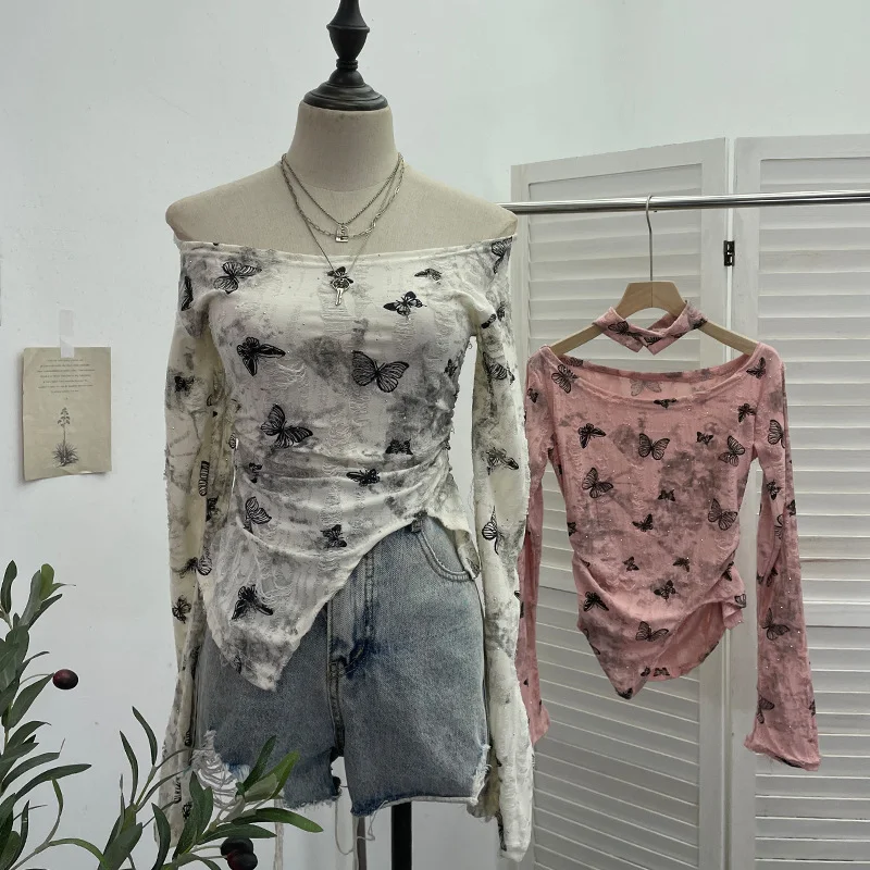 Brownm Pink Butterfly Hanging Neck To Make Old Hole Long-Sleeved T-Shirt Hottie Slanted Shoulder Slim Short Blouse 8002
