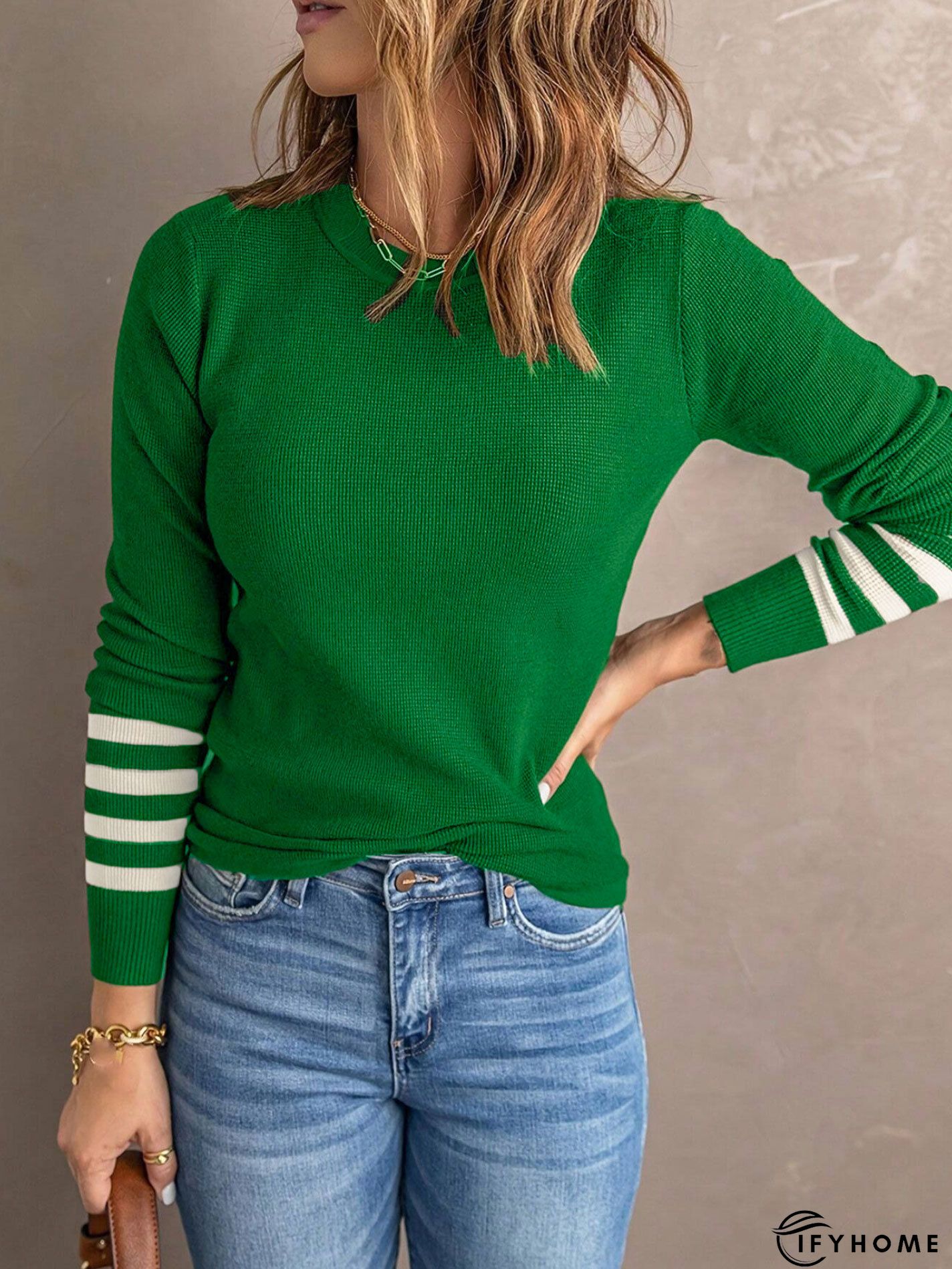 Black Round Neck Striped Cotton-Blend Casual shirt & Top | IFYHOME