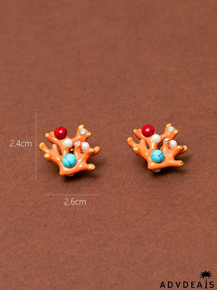 Faux Pearl & Rhinestone Decor Coral Stud Earrings