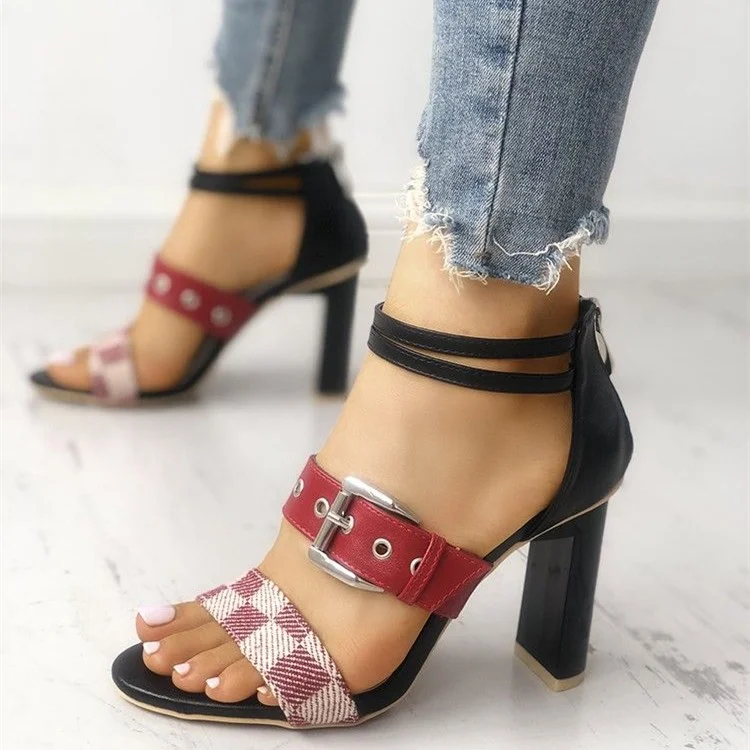 Red Plaid Chunky Heel Open Toe Sandals with Buckle and Zipper Vdcoo