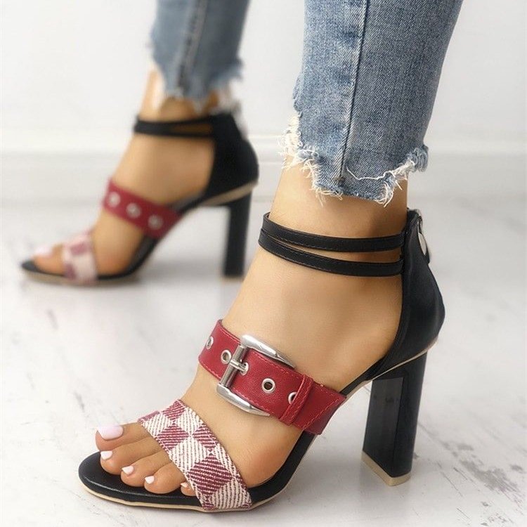 Red Plaid Buckle Open Toe Chunky Heel Sandals with Zipper |FSJ Shoes