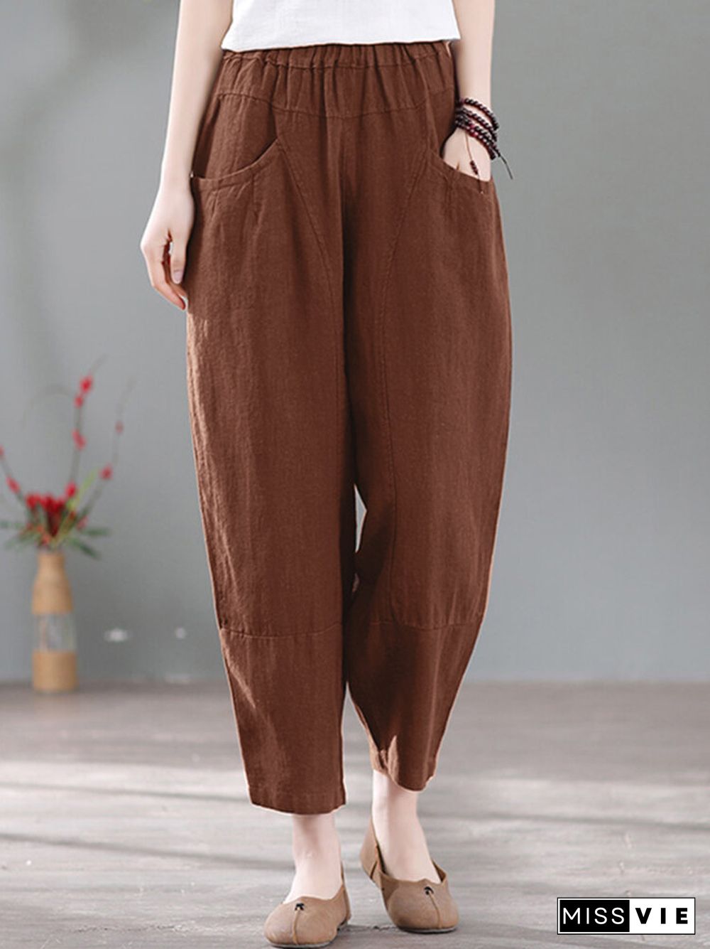 Solid Pocket Casual Cotton Pants