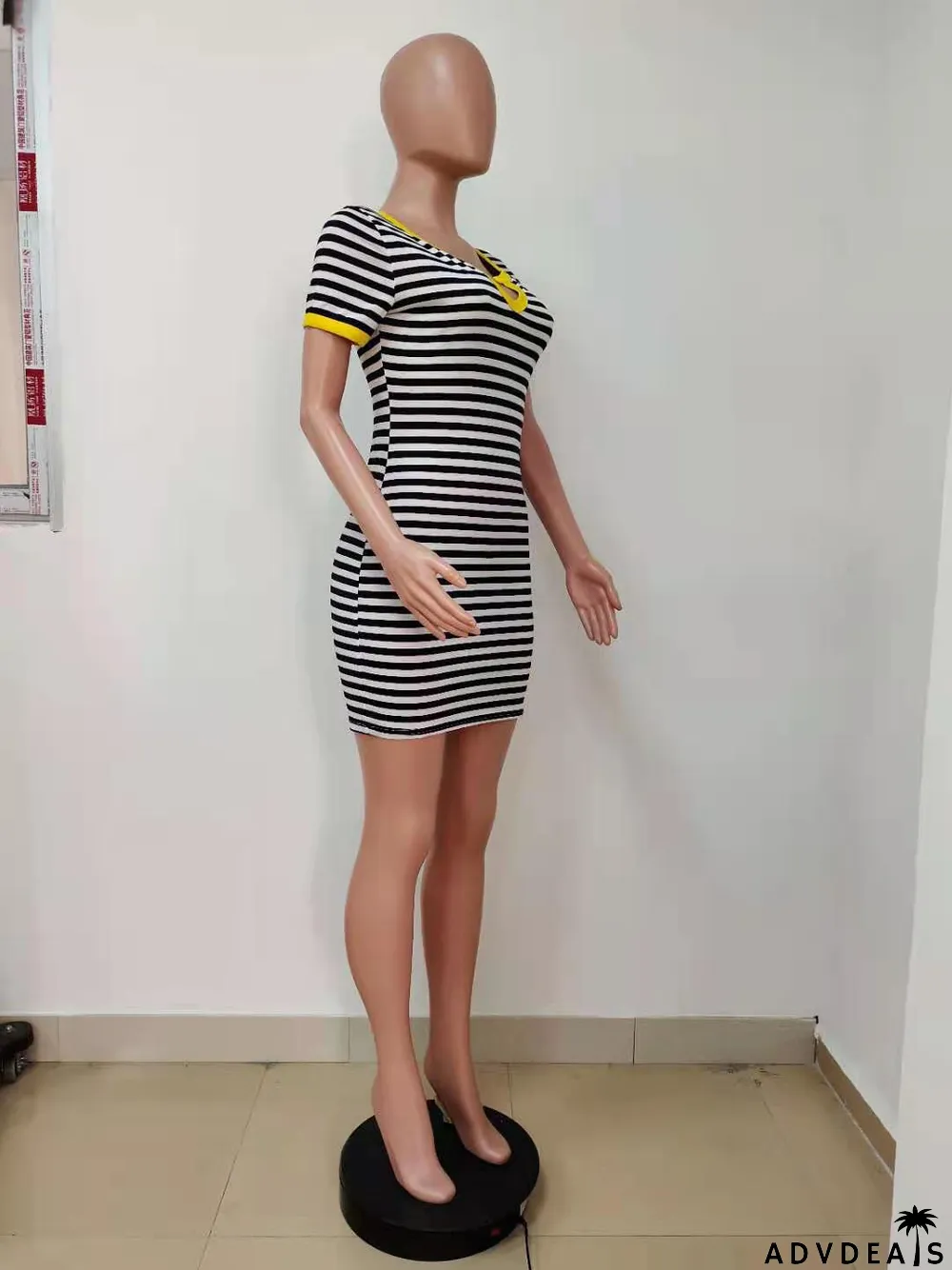 Casual Striped V Neck Short Sleeve Mini Dress