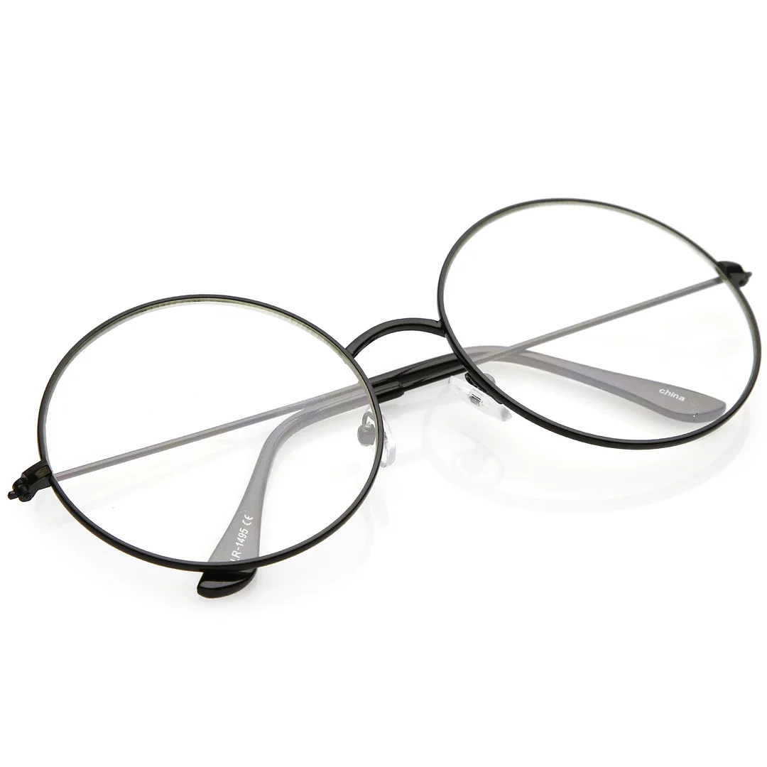 Classic Oversize Slim Metal Frame Clear Flat Lens Round Eyeglasses 56mm
