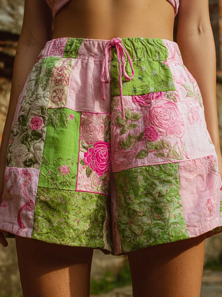 Utbros Vintage Rink Roses Embroidered Colorblock Linen Shorts