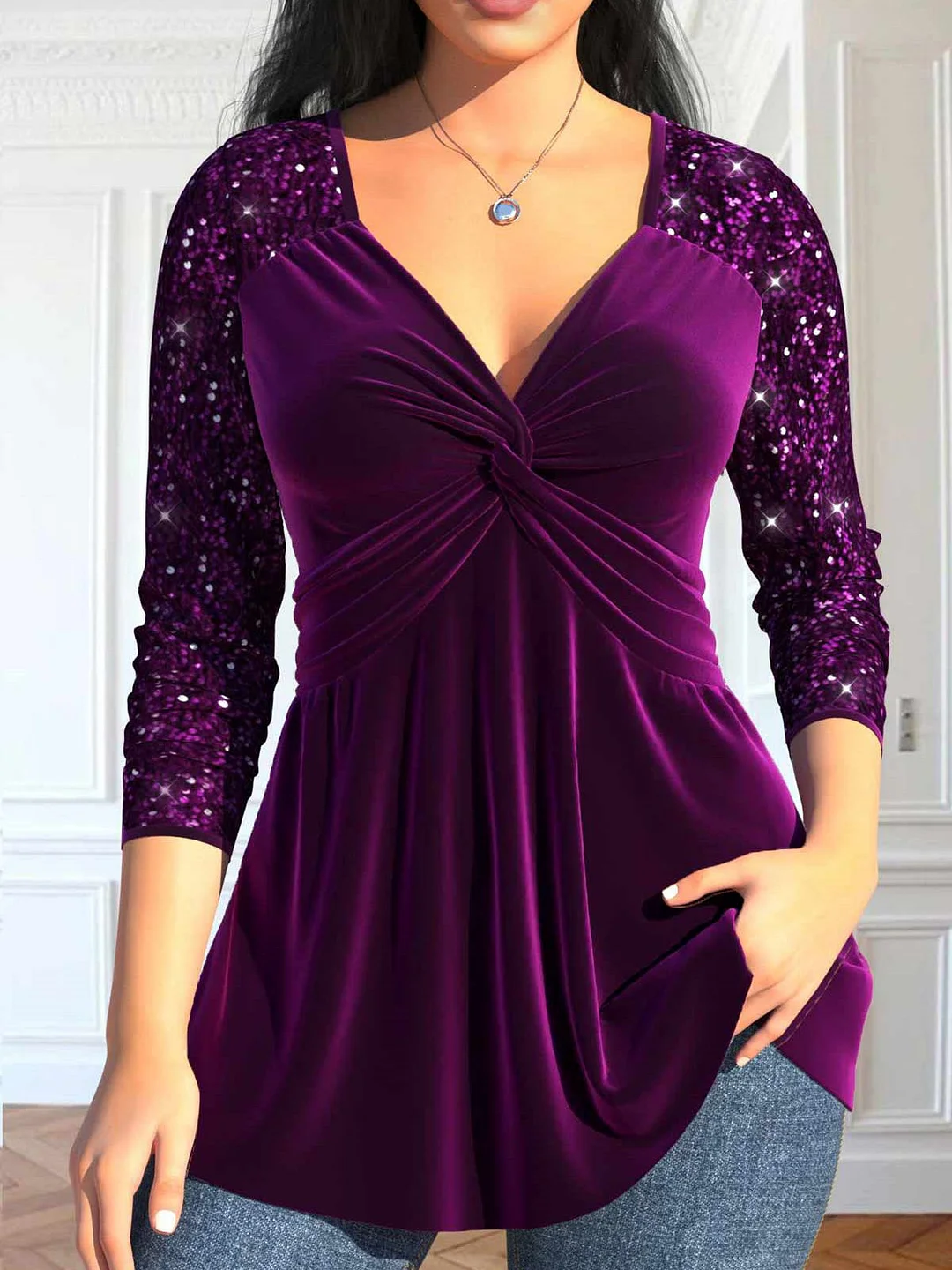 Women plus size clothing Purple - Women Long Sleeve V-neck Solid Sequins Tops-Nordswear