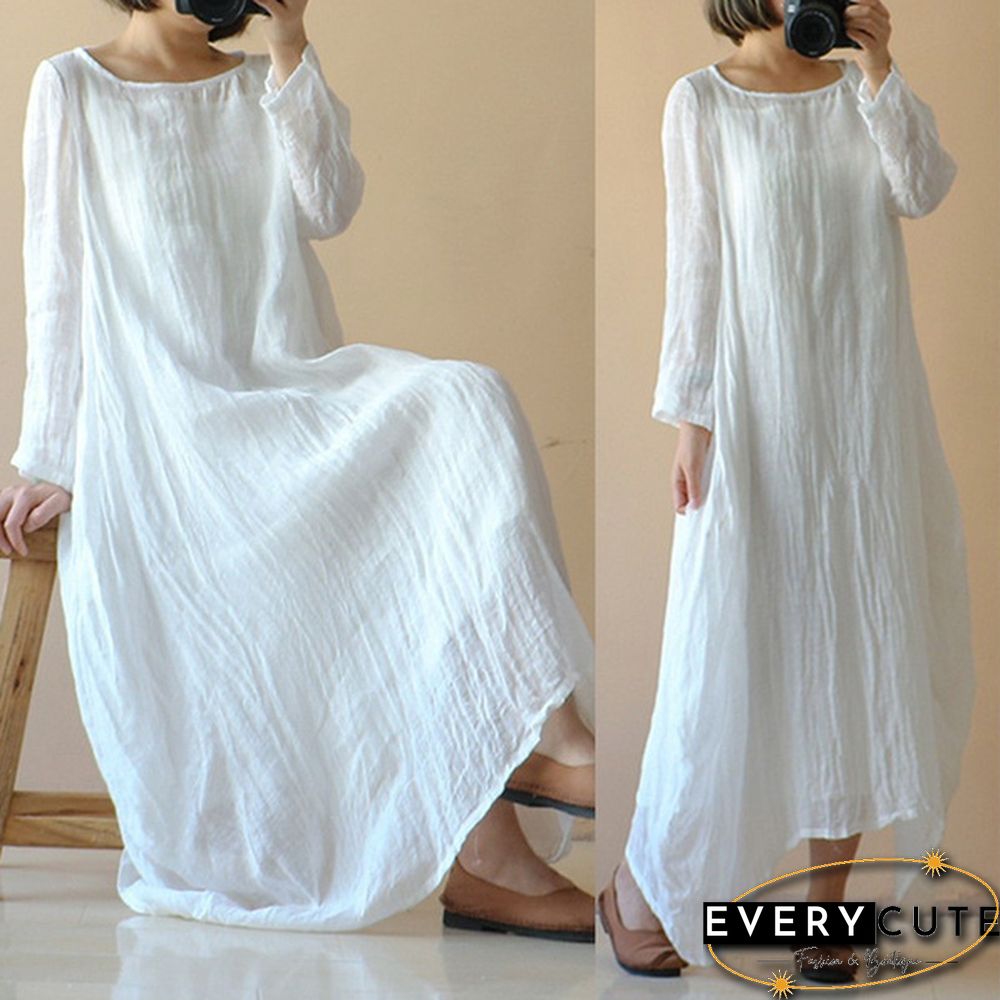 Womens Spring Light Comfy Cotton O Neck Solid Long Sleeve Long Shirt Dress Plus Size