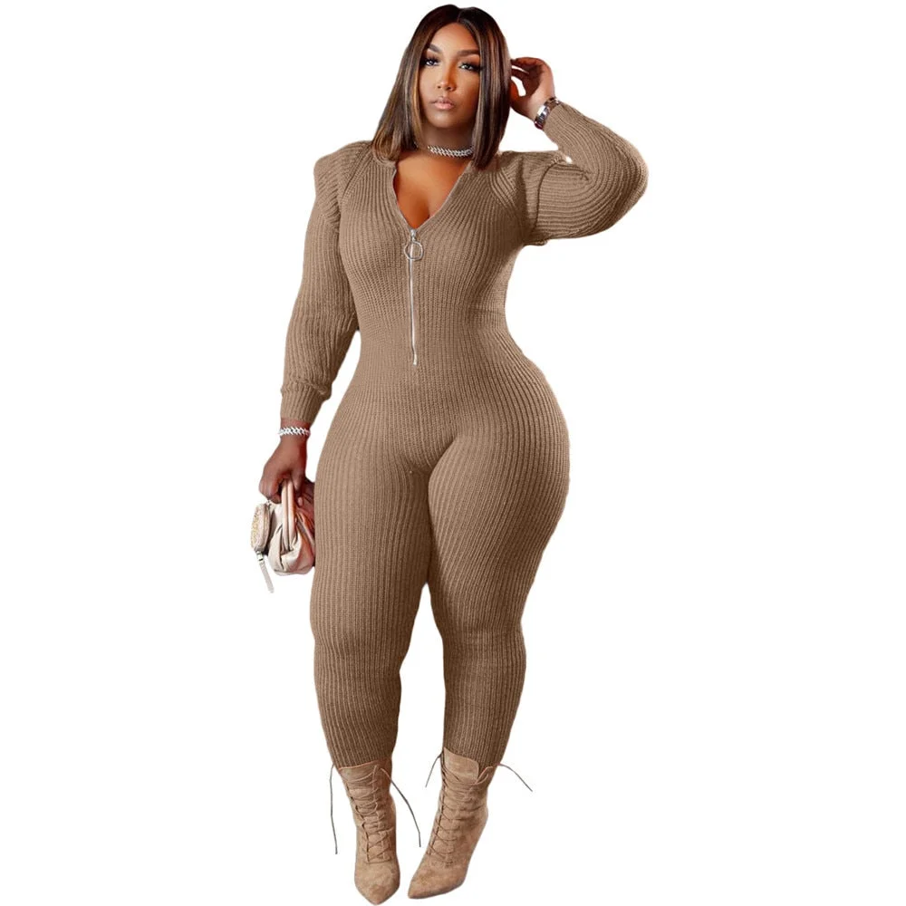 Knitted Jumpsuit Women 4xl Plus Size One Piece Outfit Hoodies Zip Up Bodycon Fashion Street  Bodysuit New Wholesale Dropshipping