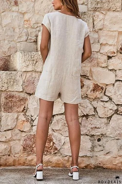 Button Pockets Short Sleeve Romper