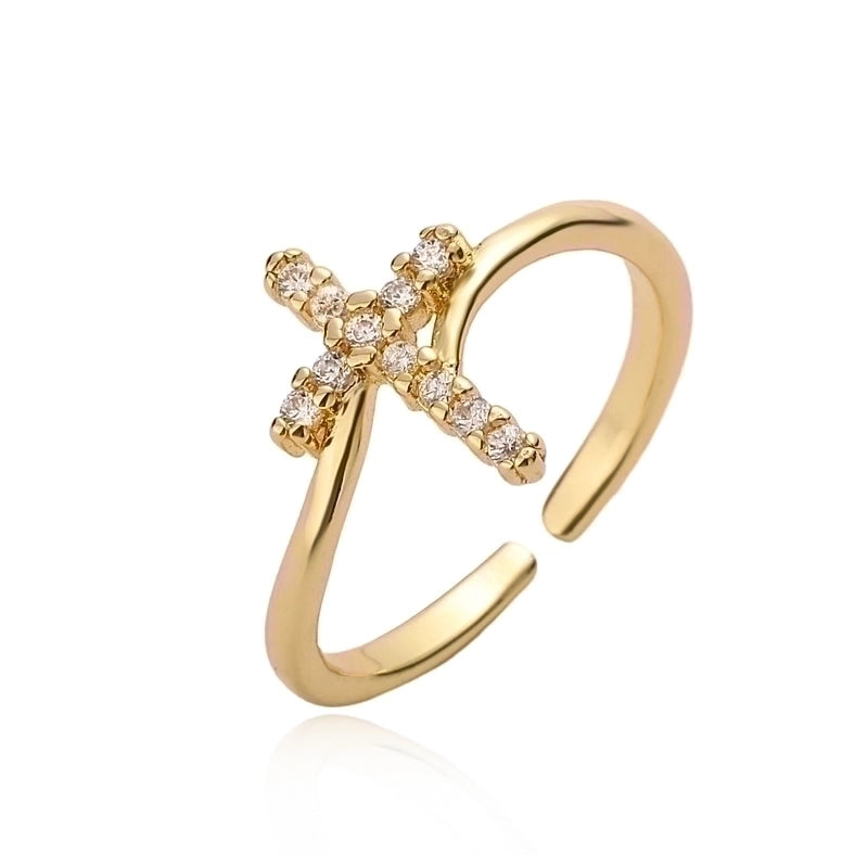 Minimalist Commute Cross Copper 18k Gold Plated Zircon Open Rings In Bulk