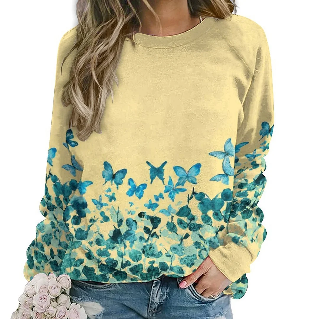 Printed Long Sleeve Casual Sweatshirt for  Women and Men Unisex Pattern Blue, Yellow, Floral