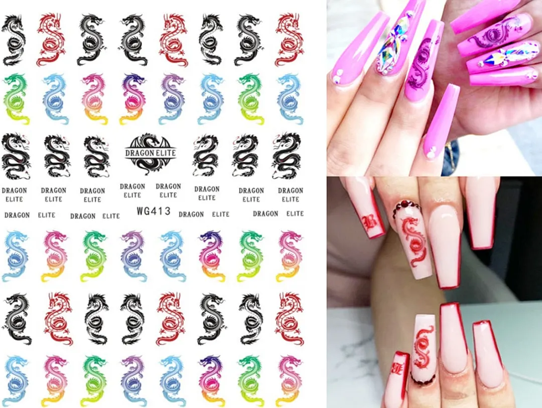 3D Dragon Snake Design Nail Stickers Colorful Dragons Slider Decals Lady Love Nail Art Gel Polish Decal Tattoo Decorations-Nail Inspo