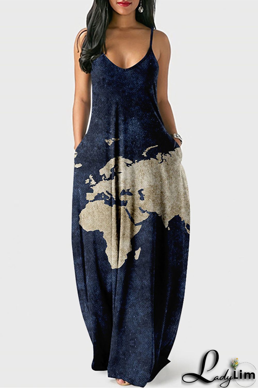 White Blue Fashion Sexy Print Backless Spaghetti Strap Long Dress