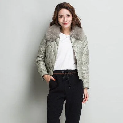 FTLZZ Women Real Collar Down Jacket Winter Warm Ultra Light Short Jacket White Duck Down Parka Elegant Coat Outwear