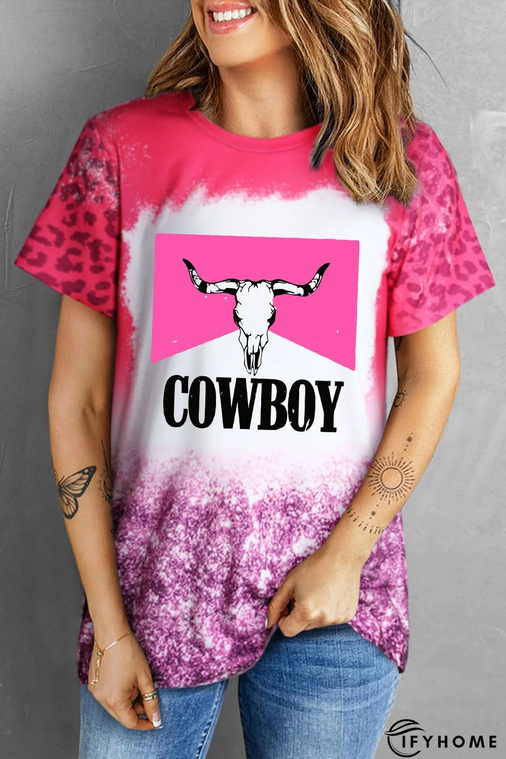 Pink Steer Head COWBOY Graphic Bleached Leopard T-shirt | IFYHOME
