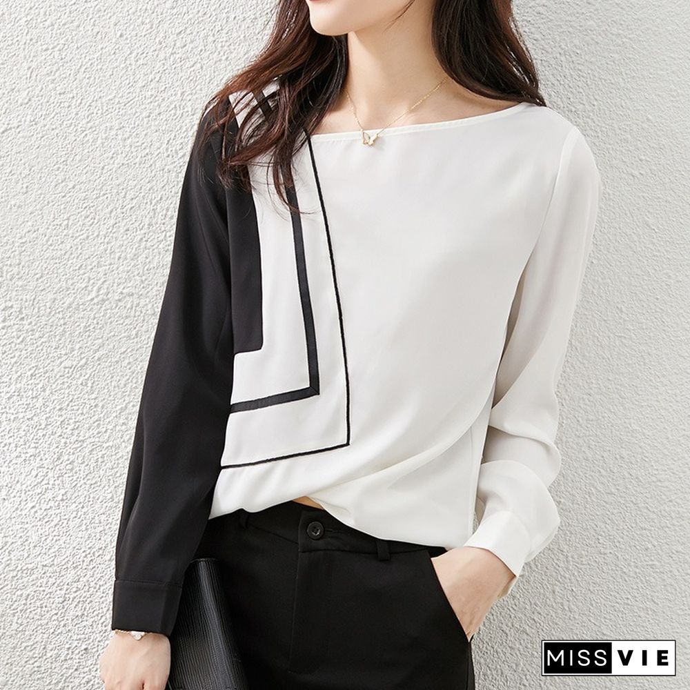 Casual Korean Style Long Sleeve Loose Shirt Diagonal Collar Office Ladies Chiffon Shirt Print Ladies Fashion Patchwork T Origin
