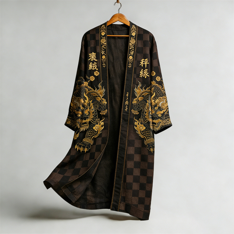 Men's Vintage Japanese Dragon Plaid Art Pattern Linen Blend Long Kimono  artssus