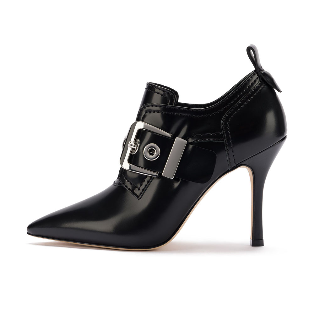 Black Pointed Toe Stiletto Heel Grommet Buckle Strap Ankle Boots Nicepairs