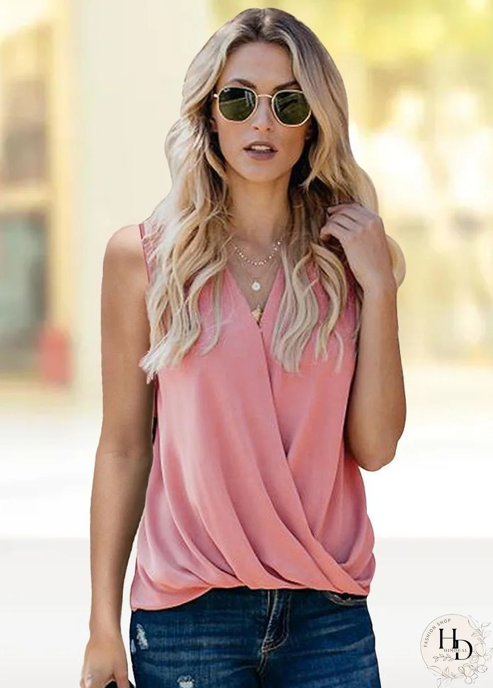 V Neck Sleeveless Solid Color T-Shirt