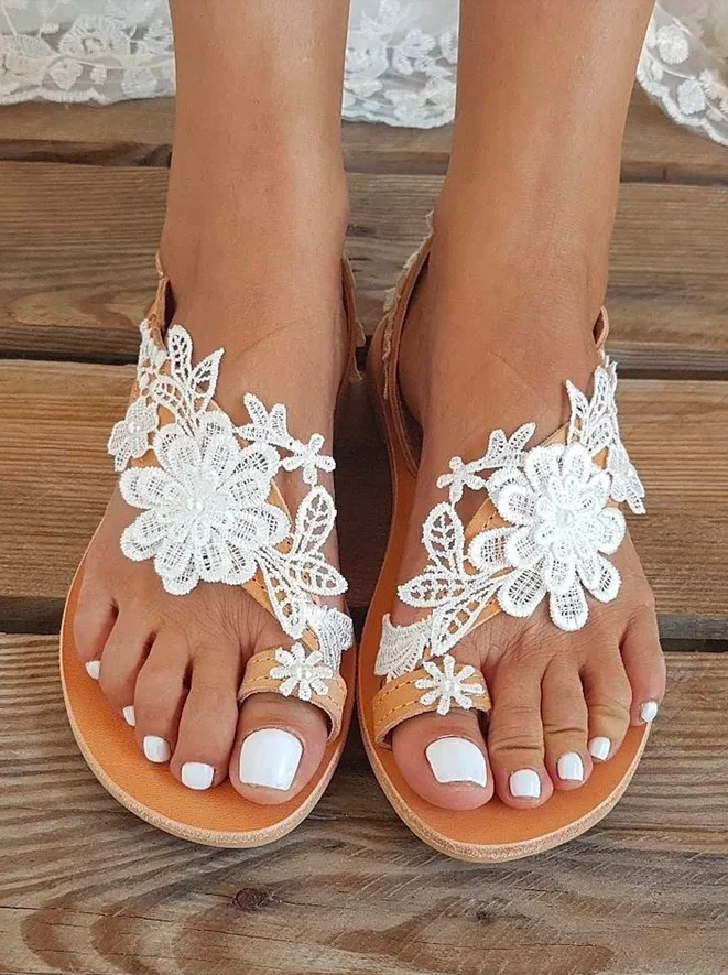 Women's Boho Bohemia Beach Wedding Bridal Bridesmaid Open Toe  Lace Flat Heel Sandals