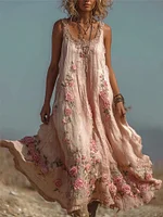 Boho Pink Roses Floral Embroidered Flowy Linen Maxi Dress