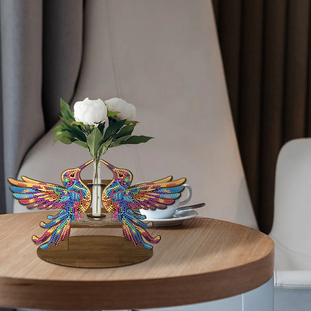 DIY Wooden Hummingbird Diamond Painting Flower Vase Ornaments for Home Office Decor