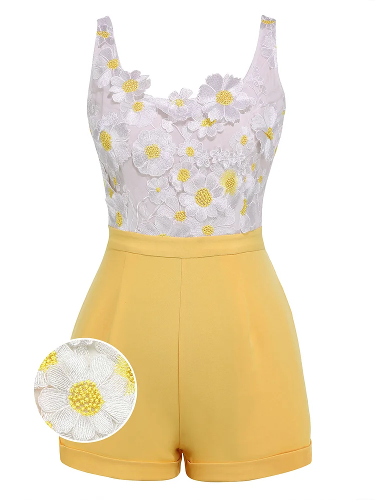 [Pre-Sale] Yellow Embroidery Daisy Patchwork Romper