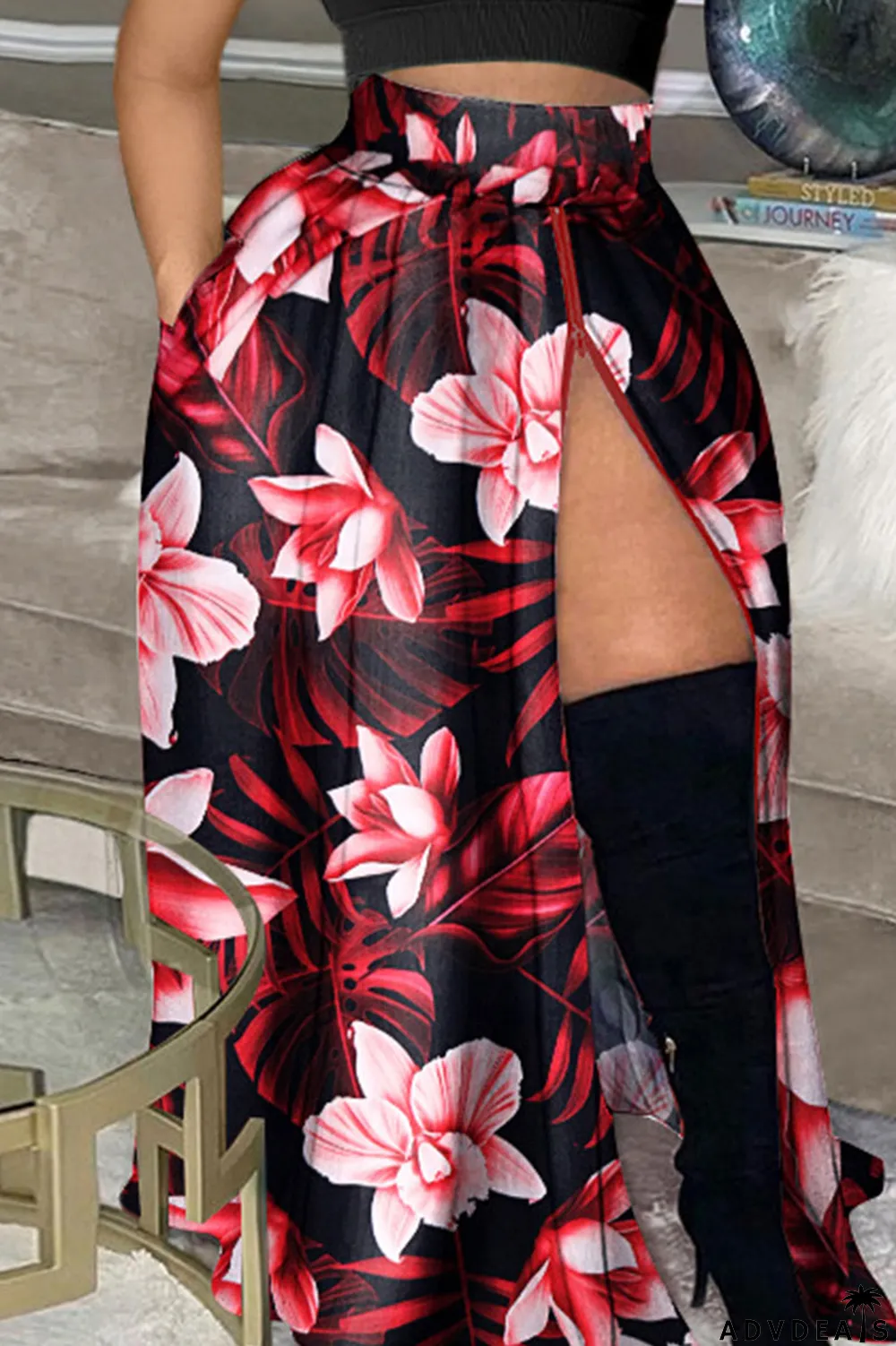 Colour Casual Print Patchwork Slit High Waist Type A Full Print Bottoms