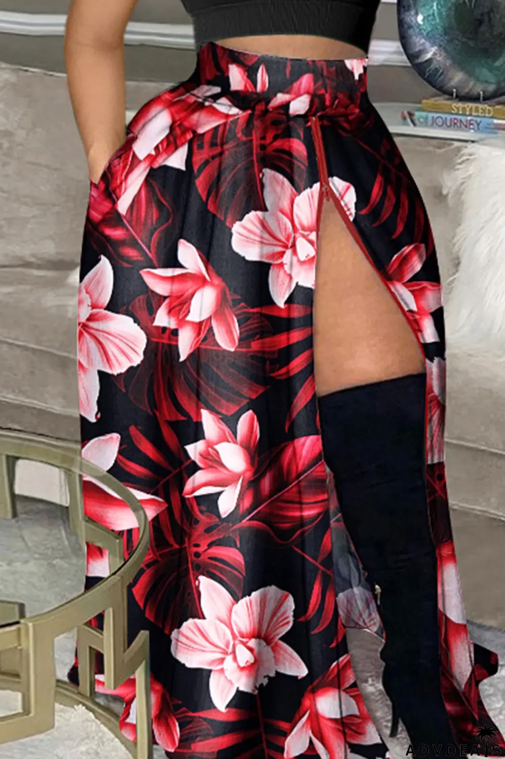 Colour Casual Print Patchwork Slit High Waist Type A Full Print Bottoms