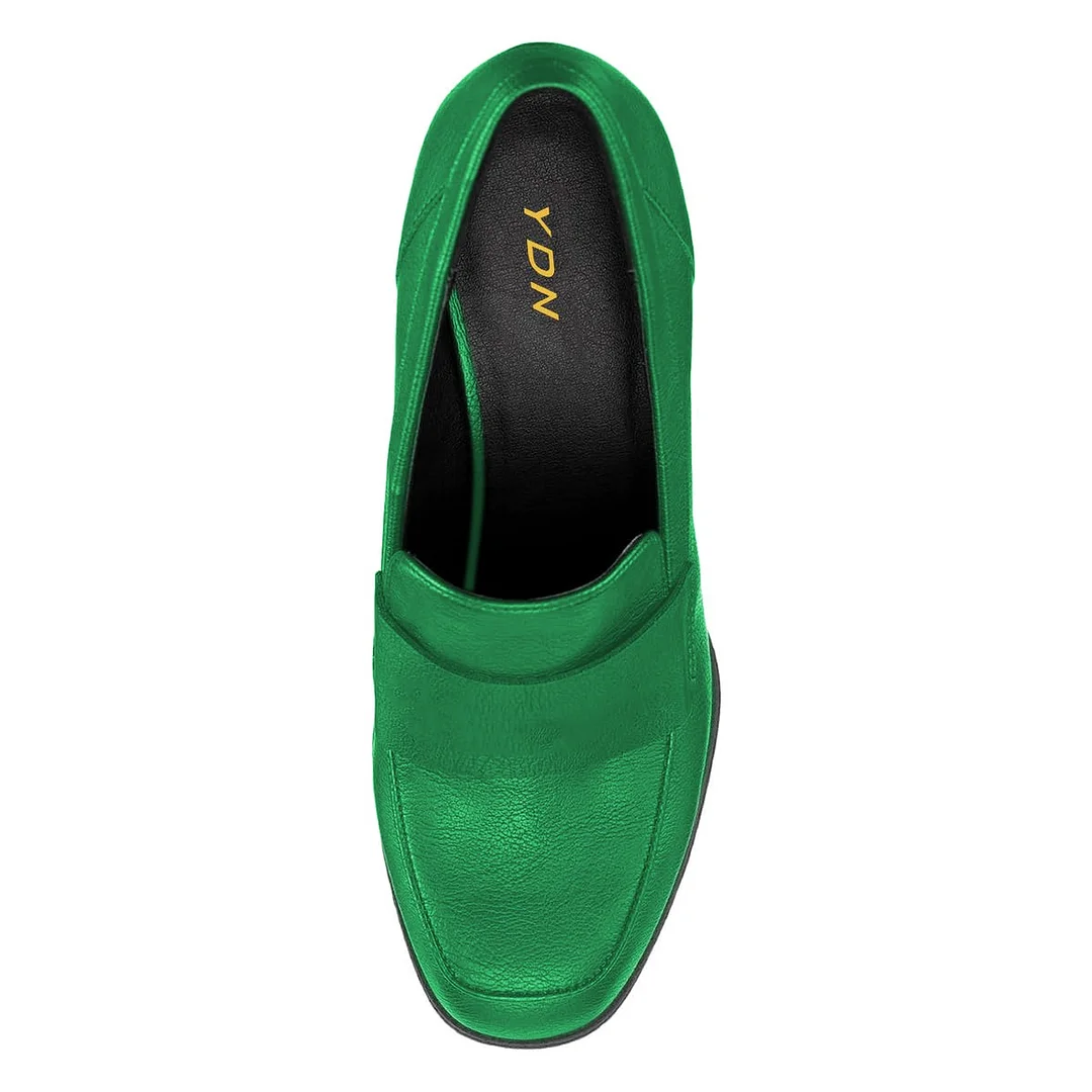 Metallic Green Closed Toe Platform Wedges Heeled Loafers Women