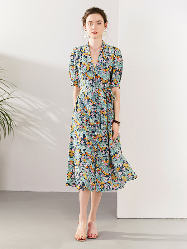Silk Dress Printing High-end Temperament Belted Style