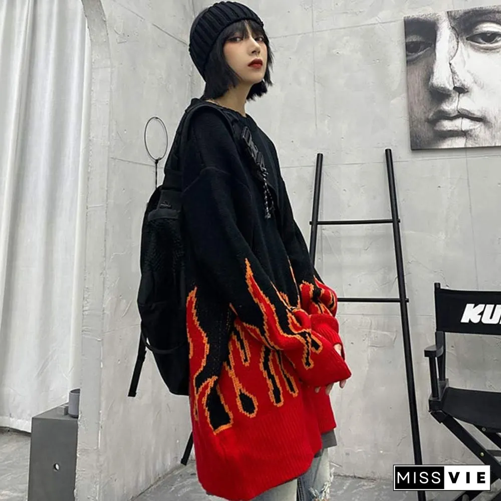 Chic Colorblock Knit Flame Print Sweater