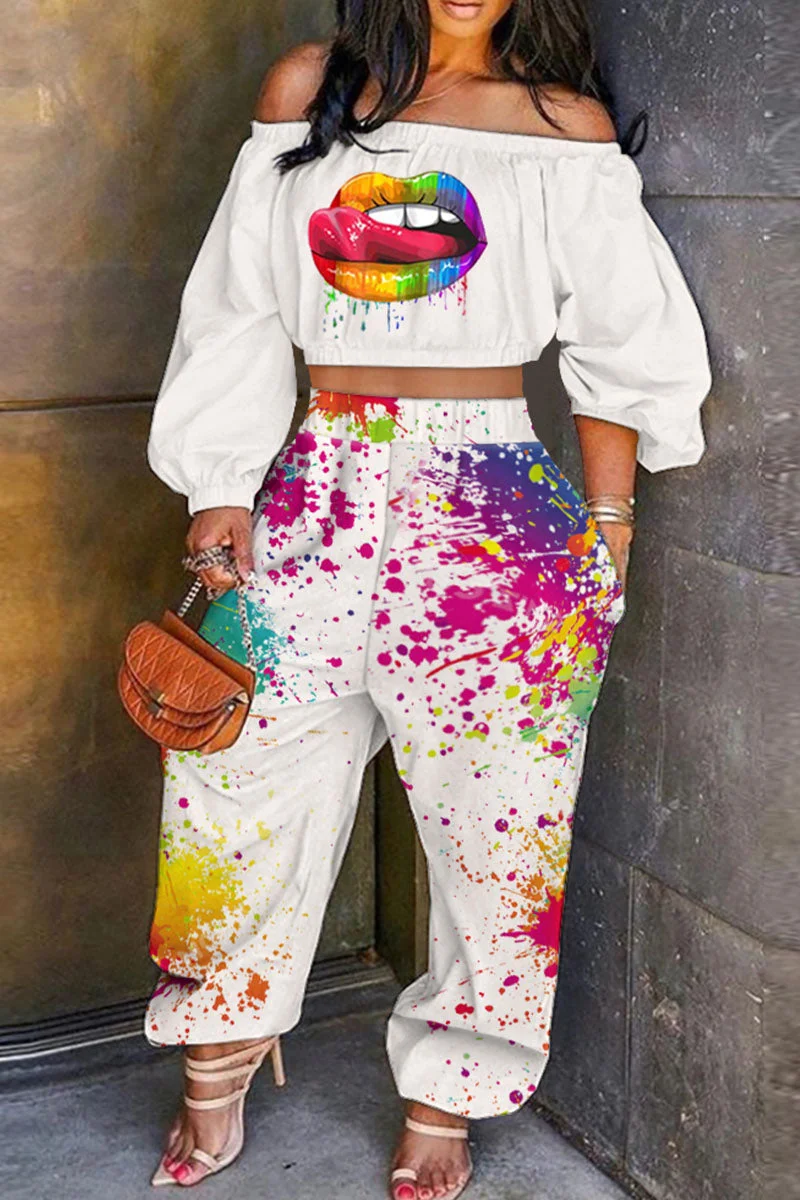 Sexy Street Print Split Joint Off the Shoulder Long Sleeve Two Pieces