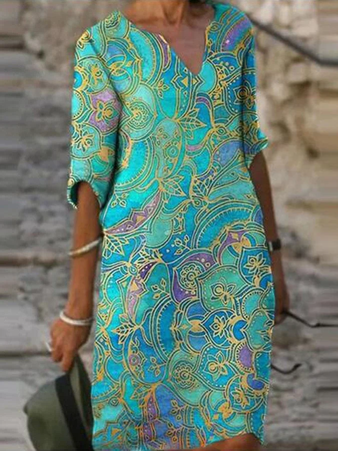 Women's ethnic print V Neck Dress
