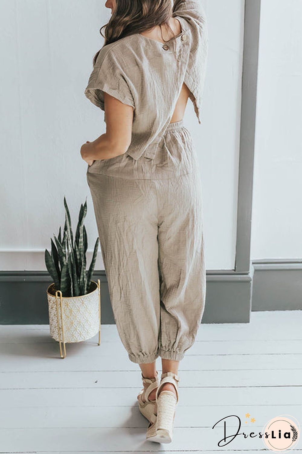 Slit Back Solid Drawstring Jumpsuit