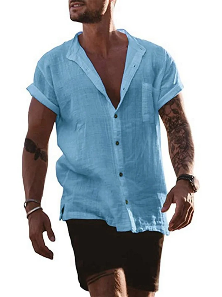 Summer Men's Solid Color Casual Pocket Short-sleeved Casual Men's Shirt Linen Short-sleeved Shirt S,M,L,XL,XXL,XXXL-Cosfine