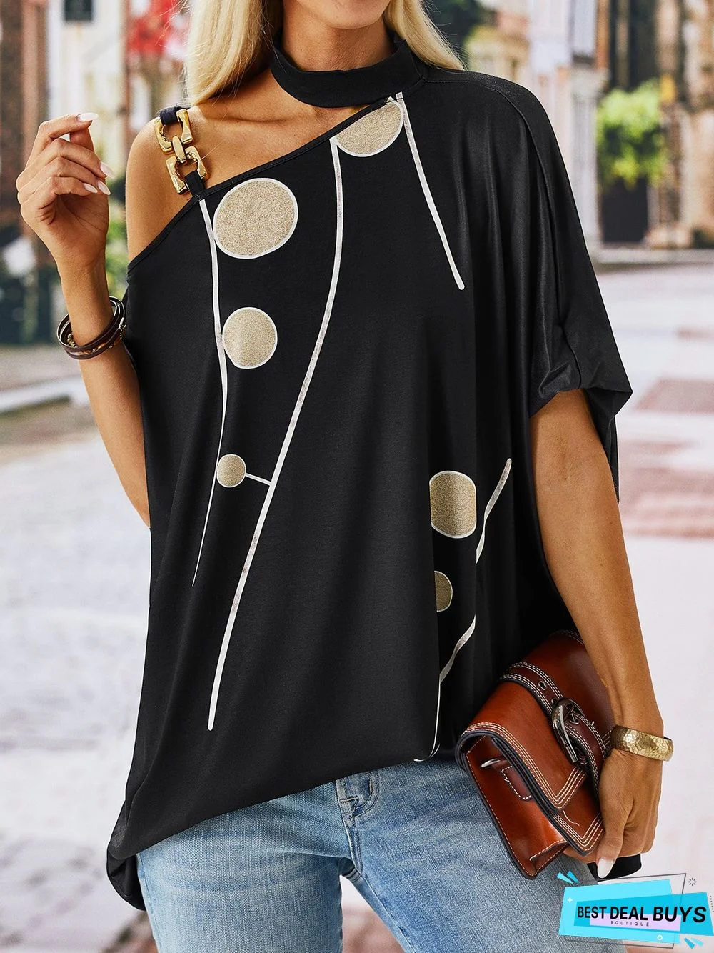 Polka Dots Short Sleeve Button Halter Casual Top